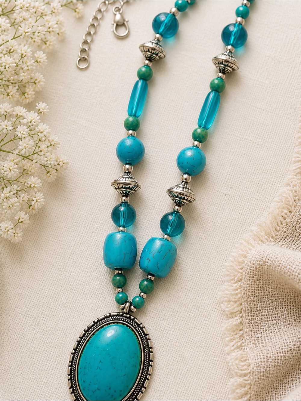 Turquoise Statement Necklace Large Pendant Boho Festival - Picture 3 of 4